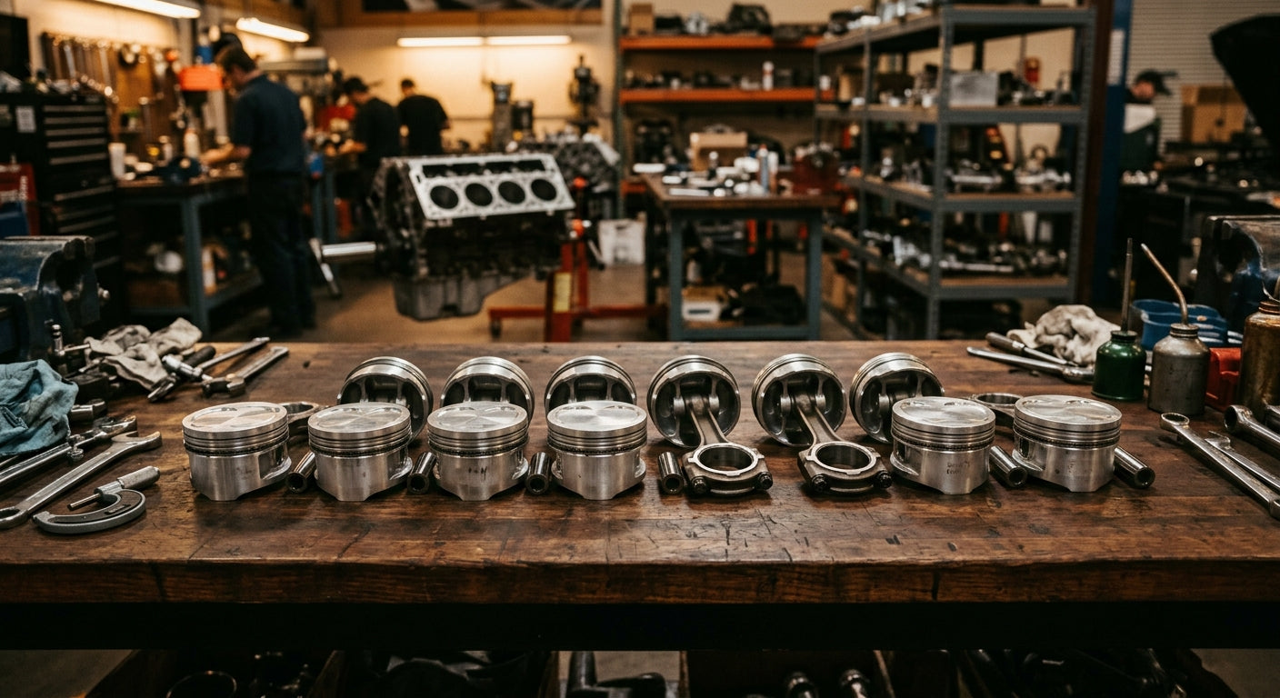 Forged pistons lined up on a workbench in a performance tuning shop - Trimotive Performance